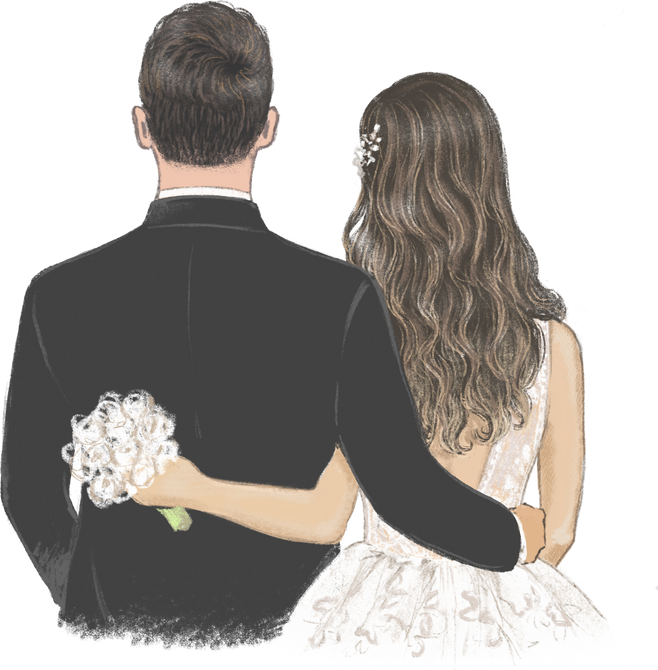 Young couple on their wedding day hand drawn illustration